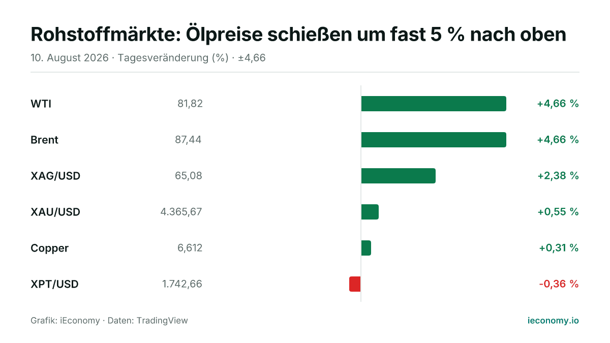 Grafik: Tagesveränderung in Prozent von 6 beobachteten Instrumenten — größter Gewinner WTI (+4,66 %), größter Verlierer XPT/USD (-0,36 %).