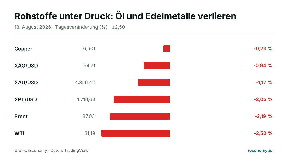 Grafik: Tagesveränderung in Prozent von 6 beobachteten Instrumenten — geringster Verlierer Copper (-0,23 %), größter Verlierer WTI (-2,50 %).