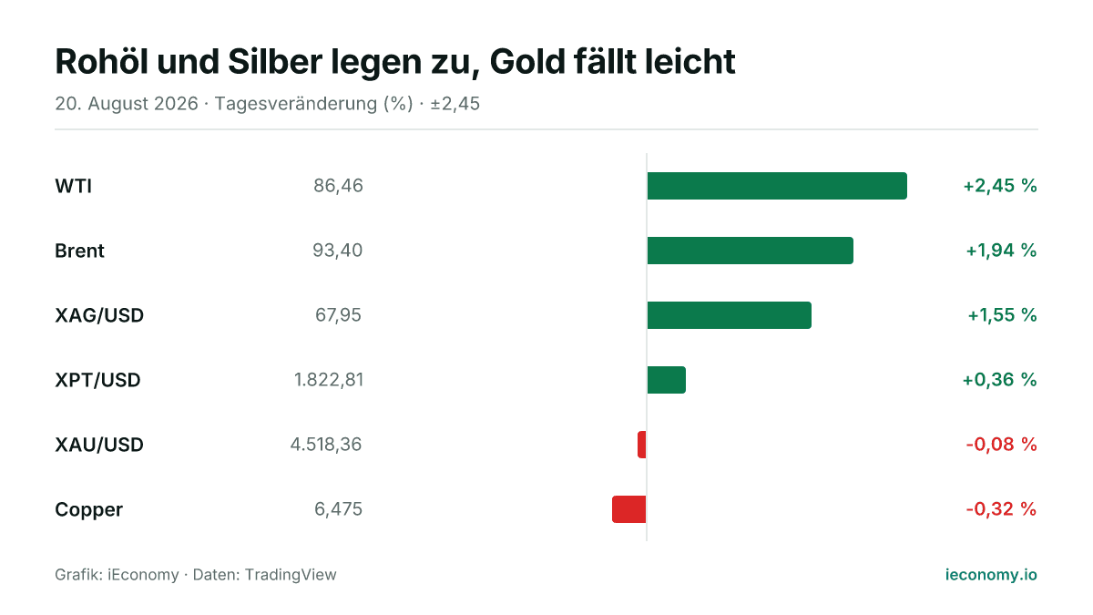 Grafik: Tagesveränderung in Prozent von 6 beobachteten Instrumenten — größter Gewinner WTI (+2,45 %), größter Verlierer Copper (-0,32 %).