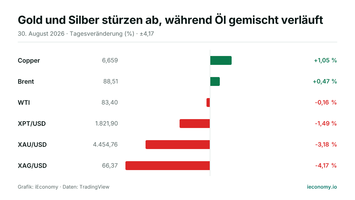 Grafik: Tagesveränderung in Prozent von 6 beobachteten Instrumenten — größter Gewinner Copper (+1,05 %), größter Verlierer XAG/USD (-4,17 %).