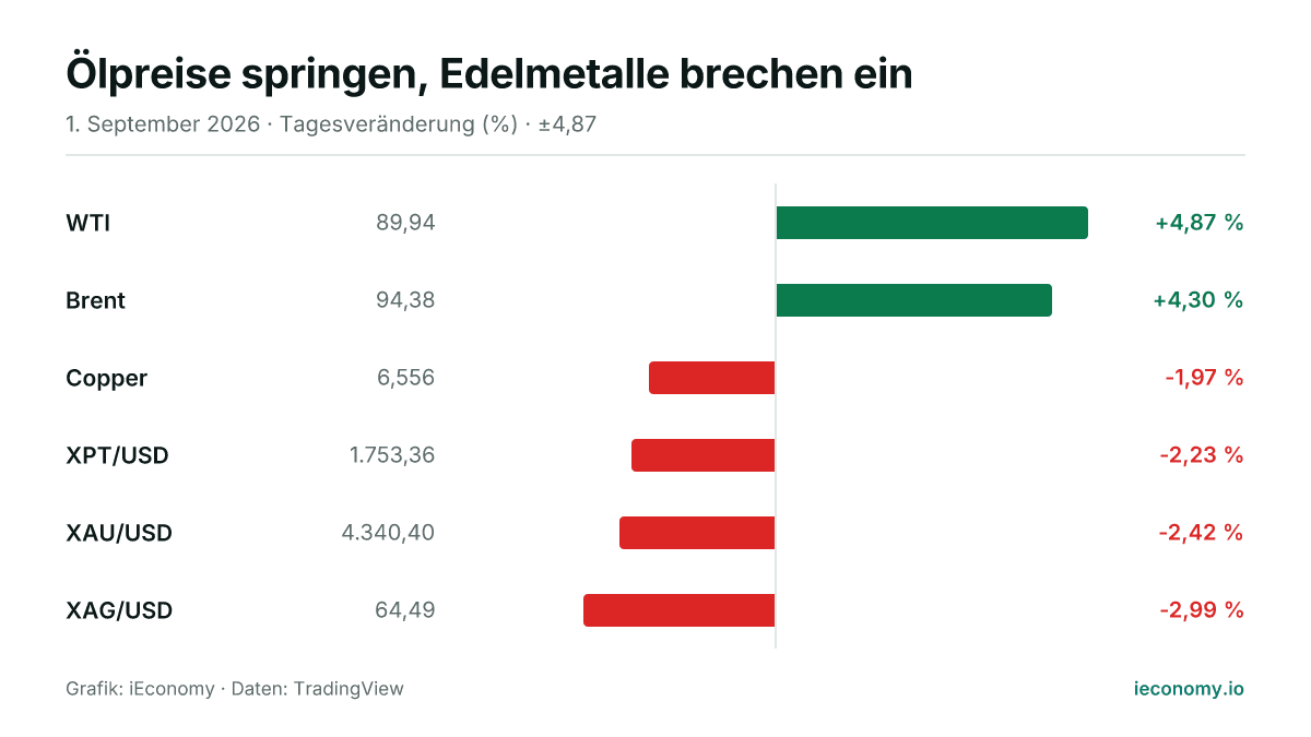 Grafik: Tagesveränderung in Prozent von 6 beobachteten Instrumenten — größter Gewinner WTI (+4,87 %), größter Verlierer XAG/USD (-2,99 %).
