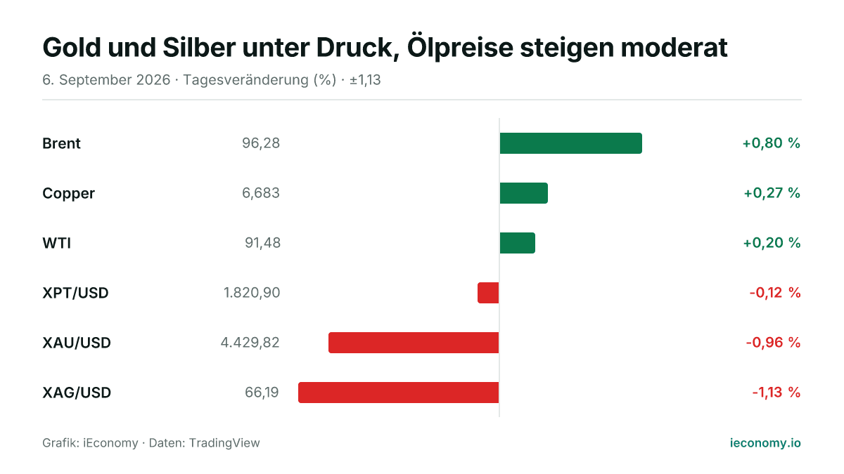 Grafik: Tagesveränderung in Prozent von 6 beobachteten Instrumenten — größter Gewinner Brent (+0,80 %), größter Verlierer XAG/USD (-1,13 %).