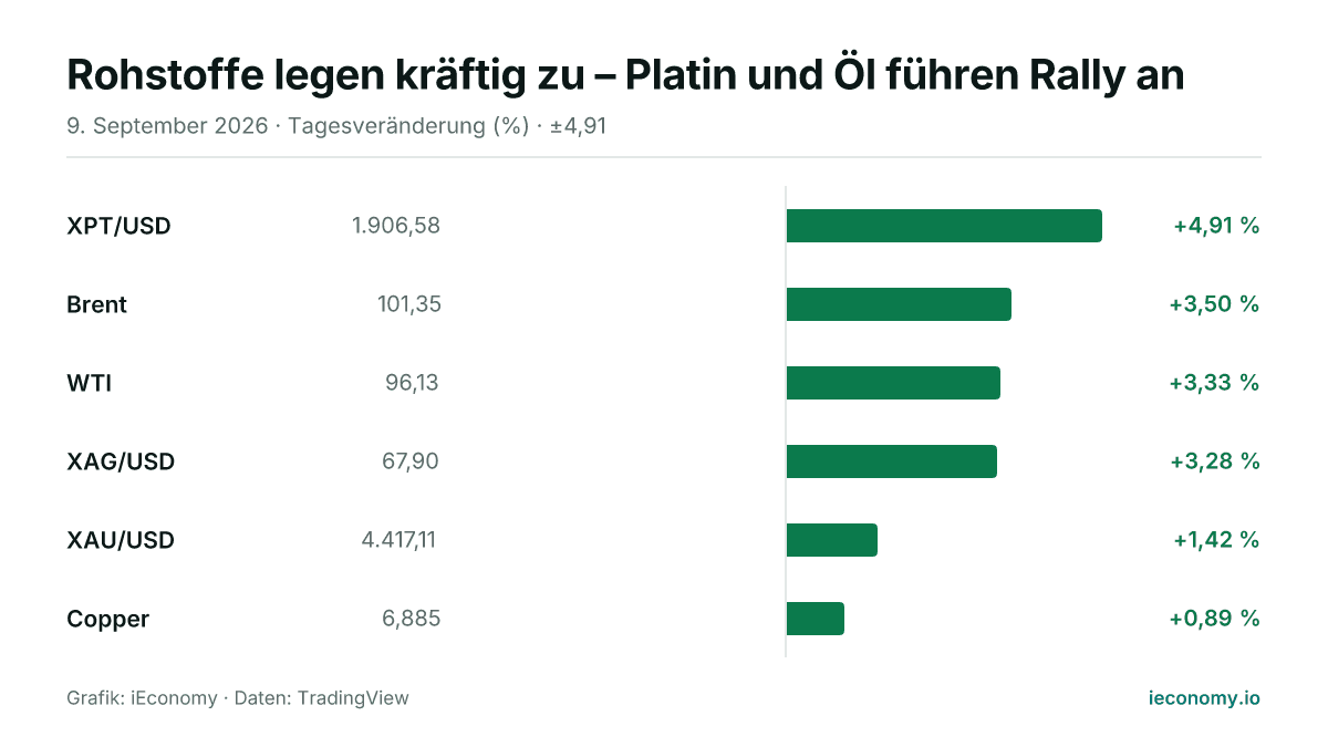 Grafik: Tagesveränderung in Prozent von 6 beobachteten Instrumenten — größter Gewinner XPT/USD (+4,91 %), geringster Gewinner Copper (+0,89 %).