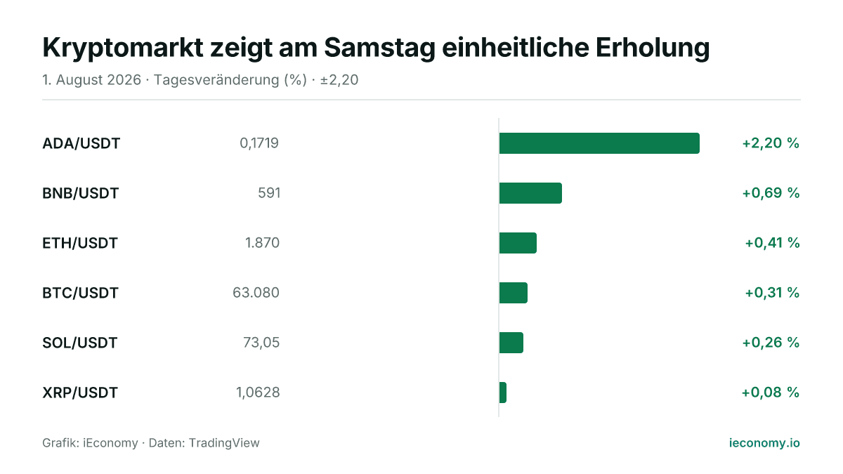 Grafik: Tagesveränderung in Prozent von 6 beobachteten Instrumenten — größter Gewinner ADA/USDT (+2,20 %), geringster Gewinner XRP/USDT (+0,08 %).