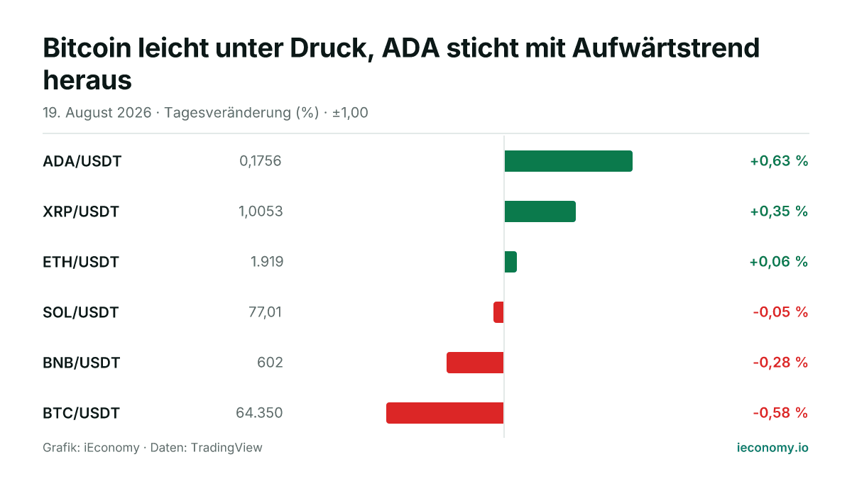 Grafik: Tagesveränderung in Prozent von 6 beobachteten Instrumenten — größter Gewinner ADA/USDT (+0,63 %), größter Verlierer BTC/USDT (-0,58 %).