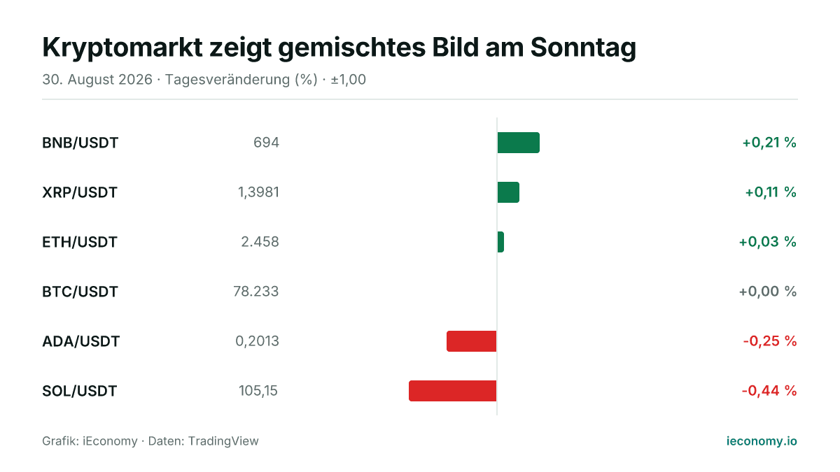 Grafik: Tagesveränderung in Prozent von 6 beobachteten Instrumenten — größter Gewinner BNB/USDT (+0,21 %), größter Verlierer SOL/USDT (-0,44 %).