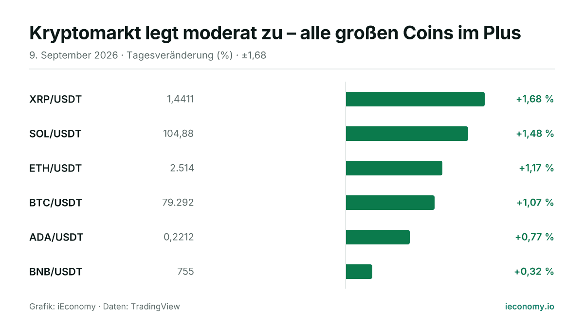 Grafik: Tagesveränderung in Prozent von 6 beobachteten Instrumenten — größter Gewinner XRP/USDT (+1,68 %), geringster Gewinner BNB/USDT (+0,32 %).