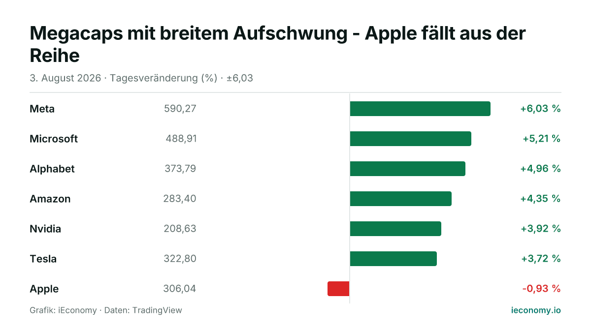 Grafik: Tagesveränderung in Prozent von 7 beobachteten Instrumenten — größter Gewinner Meta (+6,03 %), größter Verlierer Apple (-0,93 %).