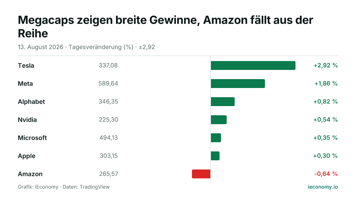 Grafik: Tagesveränderung in Prozent von 7 beobachteten Instrumenten — größter Gewinner Tesla (+2,92 %), größter Verlierer Amazon (-0,64 %).