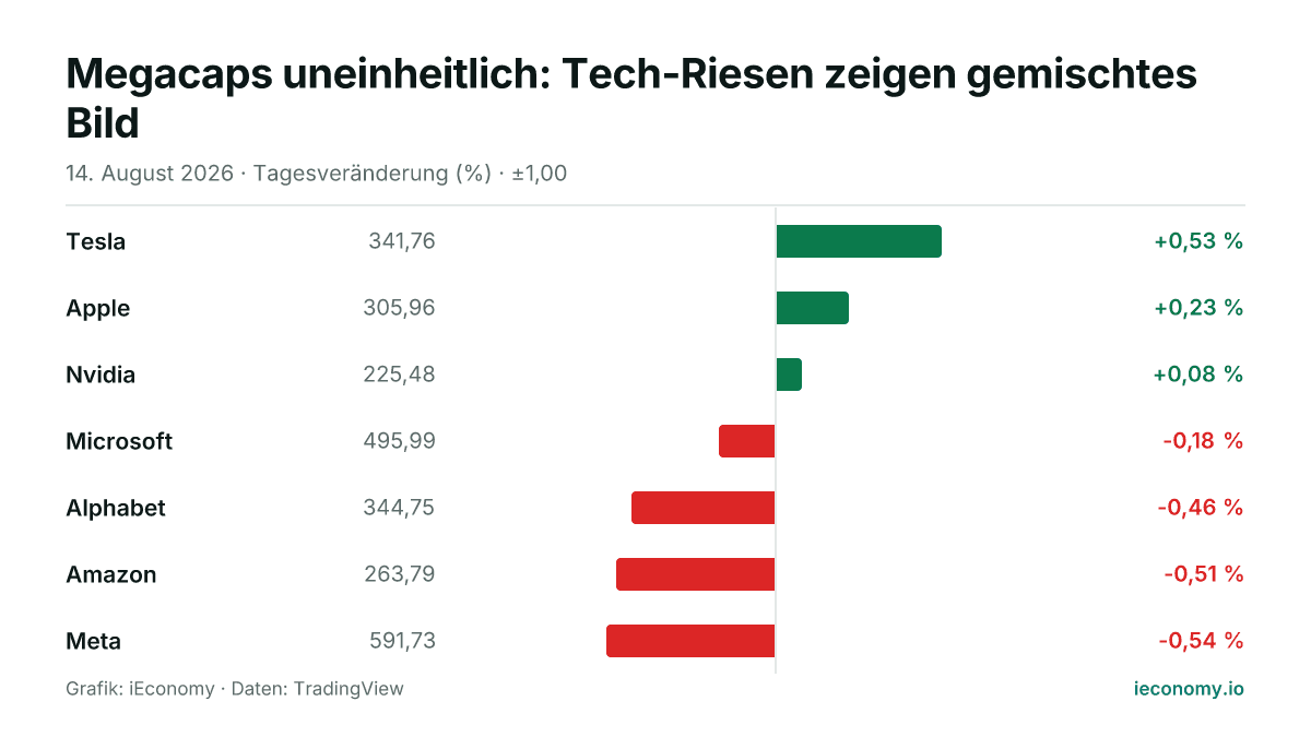 Grafik: Tagesveränderung in Prozent von 7 beobachteten Instrumenten — größter Gewinner Tesla (+0,53 %), größter Verlierer Meta (-0,54 %).