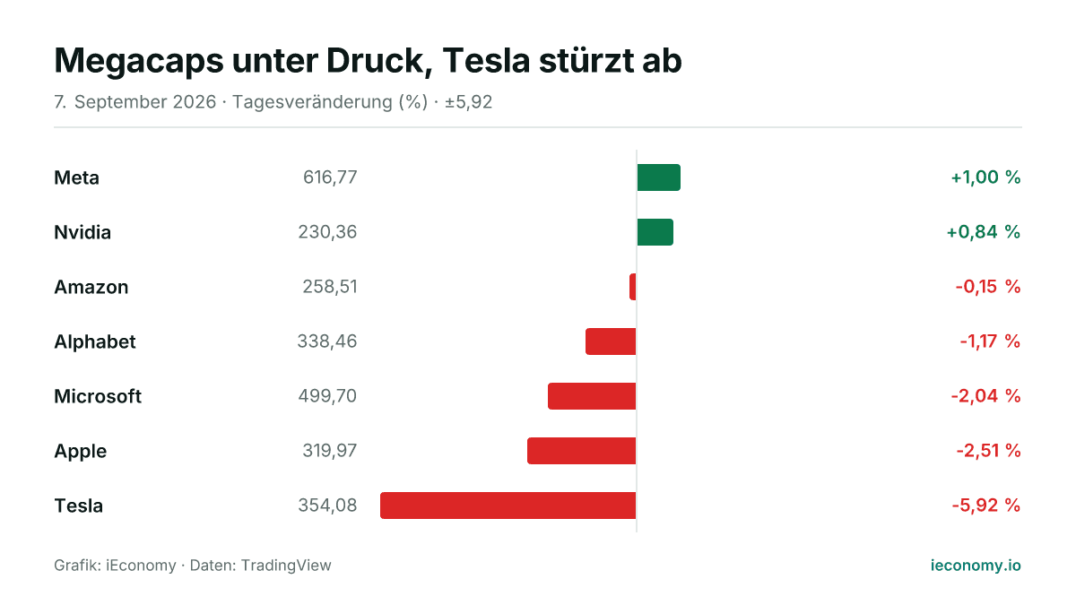 Grafik: Tagesveränderung in Prozent von 7 beobachteten Instrumenten — größter Gewinner Meta (+1,00 %), größter Verlierer Tesla (-5,92 %).