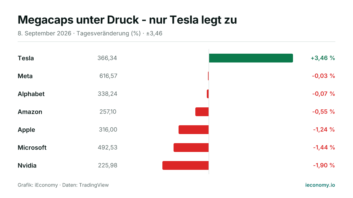 Grafik: Tagesveränderung in Prozent von 7 beobachteten Instrumenten — größter Gewinner Tesla (+3,46 %), größter Verlierer Nvidia (-1,90 %).