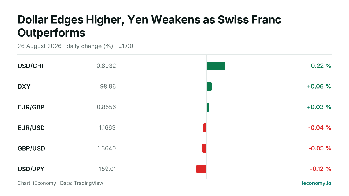 Chart: daily percentage change of 6 tracked instruments — biggest gainer USD/CHF (+0.22 %), biggest faller USD/JPY (-0.12 %).