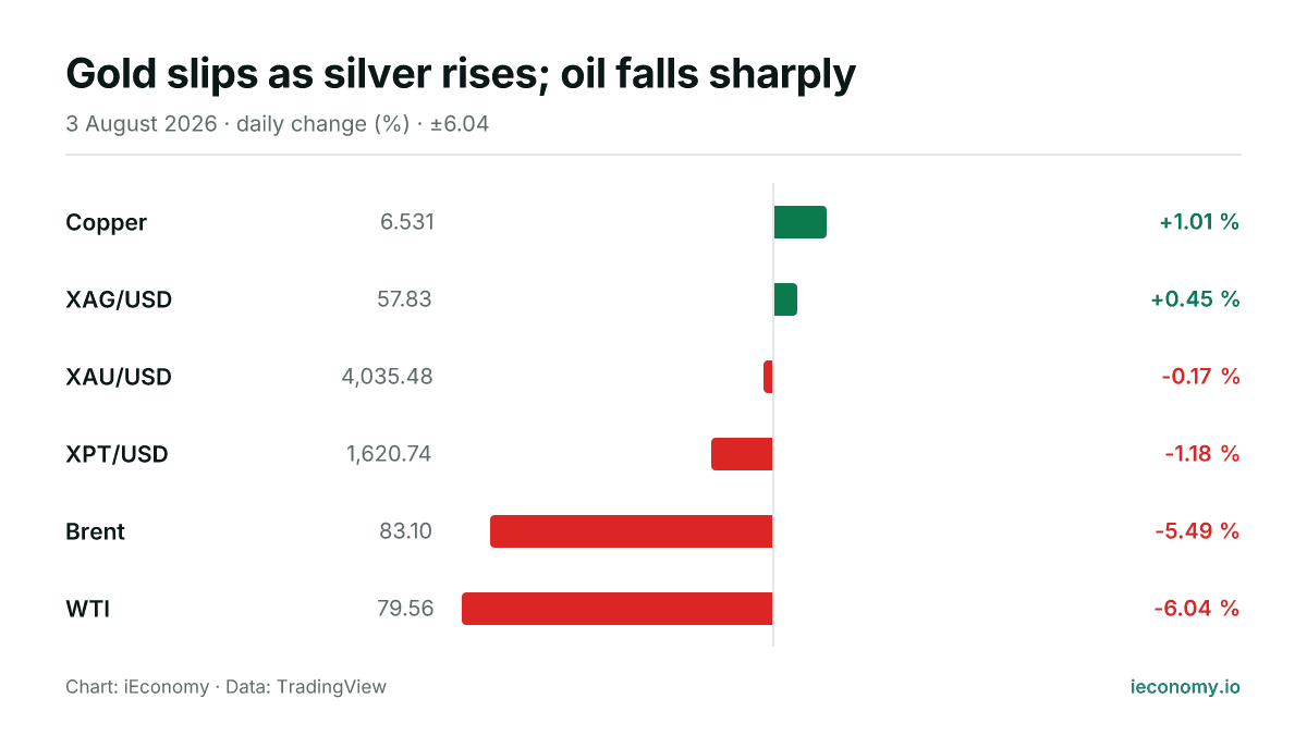 Chart: daily percentage change of 6 tracked instruments — biggest gainer Copper (+1.01 %), biggest faller WTI (-6.04 %).