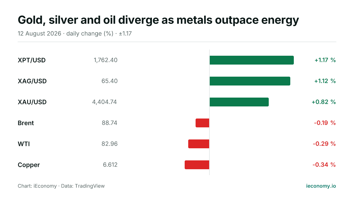 Chart: daily percentage change of 6 tracked instruments — biggest gainer XPT/USD (+1.17 %), biggest faller Copper (-0.34 %).