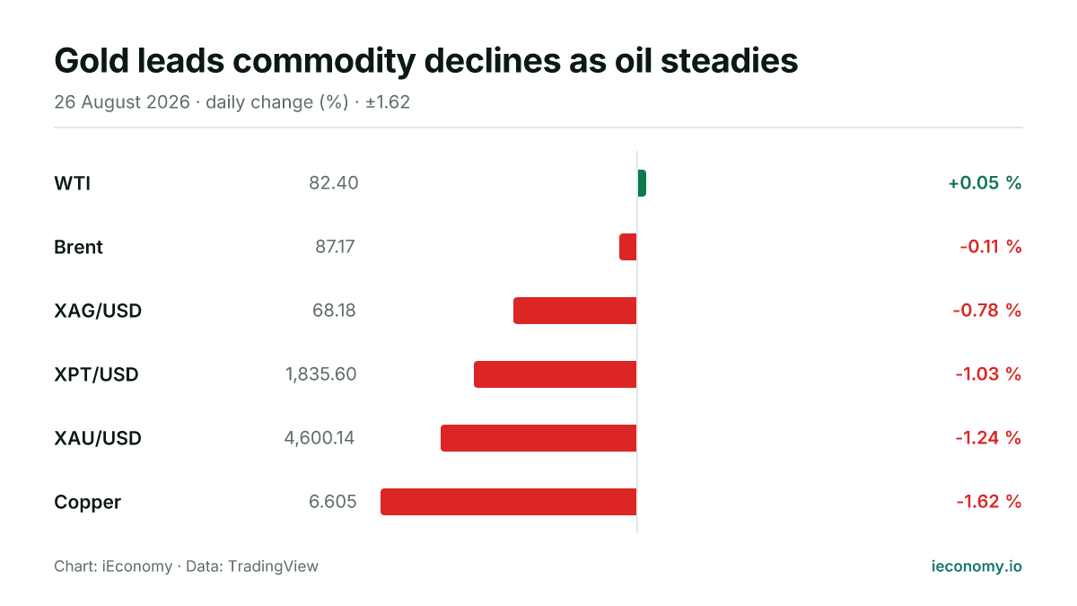 Chart: daily percentage change of 6 tracked instruments — biggest gainer WTI (+0.05 %), biggest faller Copper (-1.62 %).