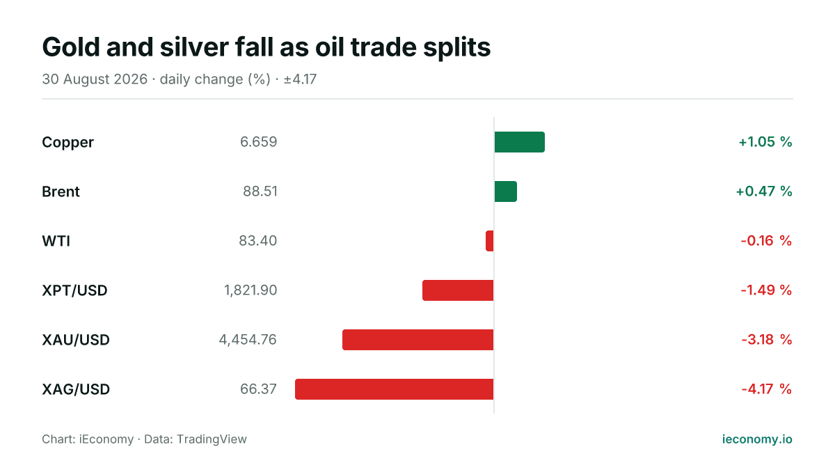 Chart: daily percentage change of 6 tracked instruments — biggest gainer Copper (+1.05 %), biggest faller XAG/USD (-4.17 %).