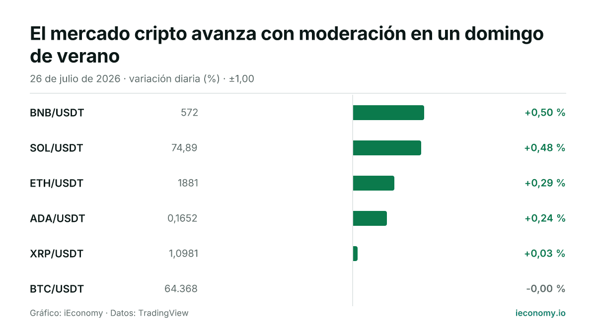 Gráfico: variación diaria porcentual de 6 instrumentos seguidos — mayor subida BNB/USDT (+0,50 %), sin cambio BTC/USDT (-0,00 %).