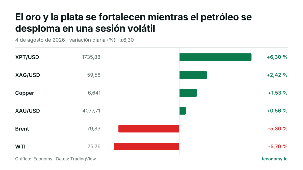 Gráfico: variación diaria porcentual de 6 instrumentos seguidos — mayor subida XPT/USD (+6,30 %), mayor bajada WTI (-5,70 %).