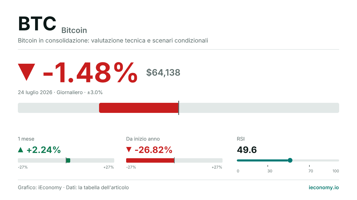 Bitcoin (BTC) in ribasso: -1.48% (64,138).