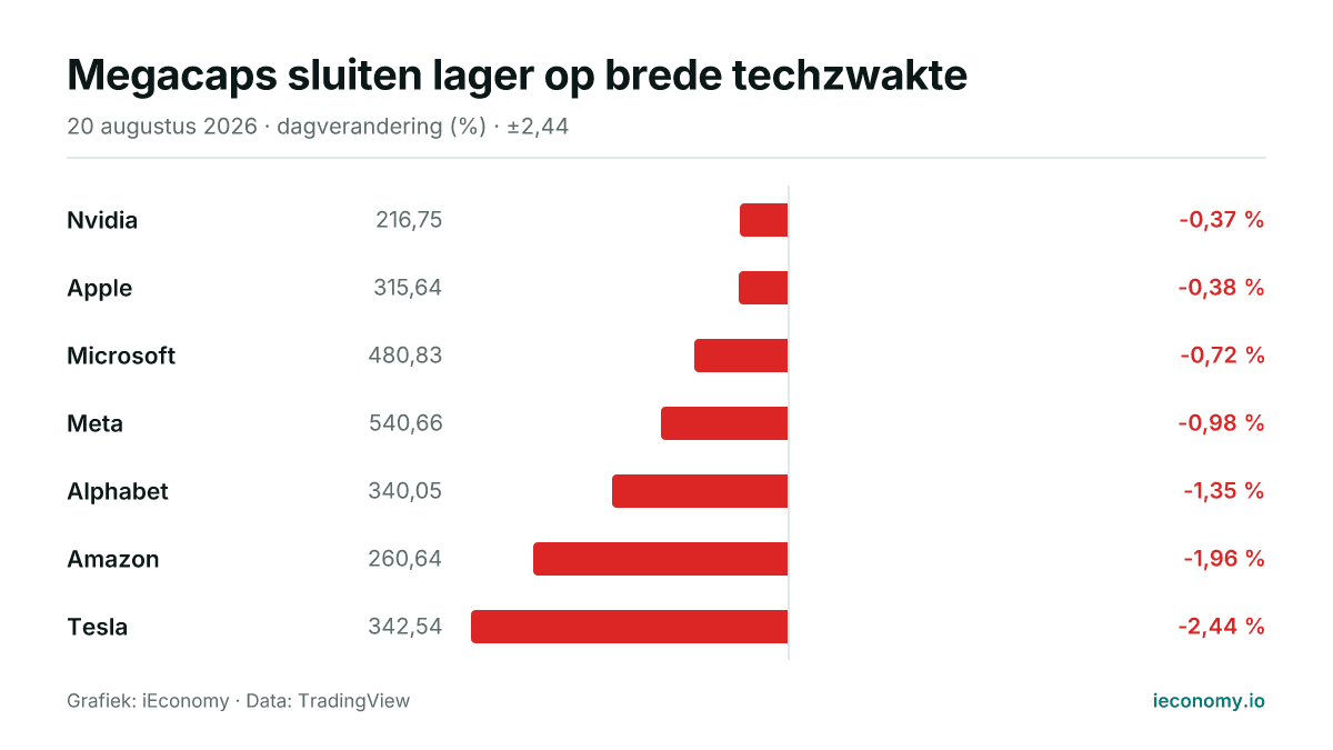 Grafiek: dagelijkse procentuele verandering van 7 gevolgde instrumenten — kleinste daler Nvidia (-0,37 %), grootste daler Tesla (-2,44 %).