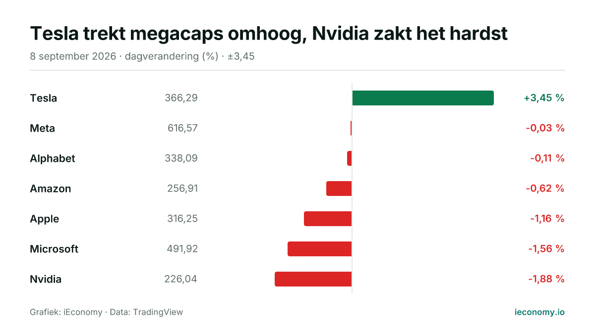 Grafiek: dagelijkse procentuele verandering van 7 gevolgde instrumenten — grootste stijger Tesla (+3,45 %), grootste daler Nvidia (-1,88 %).