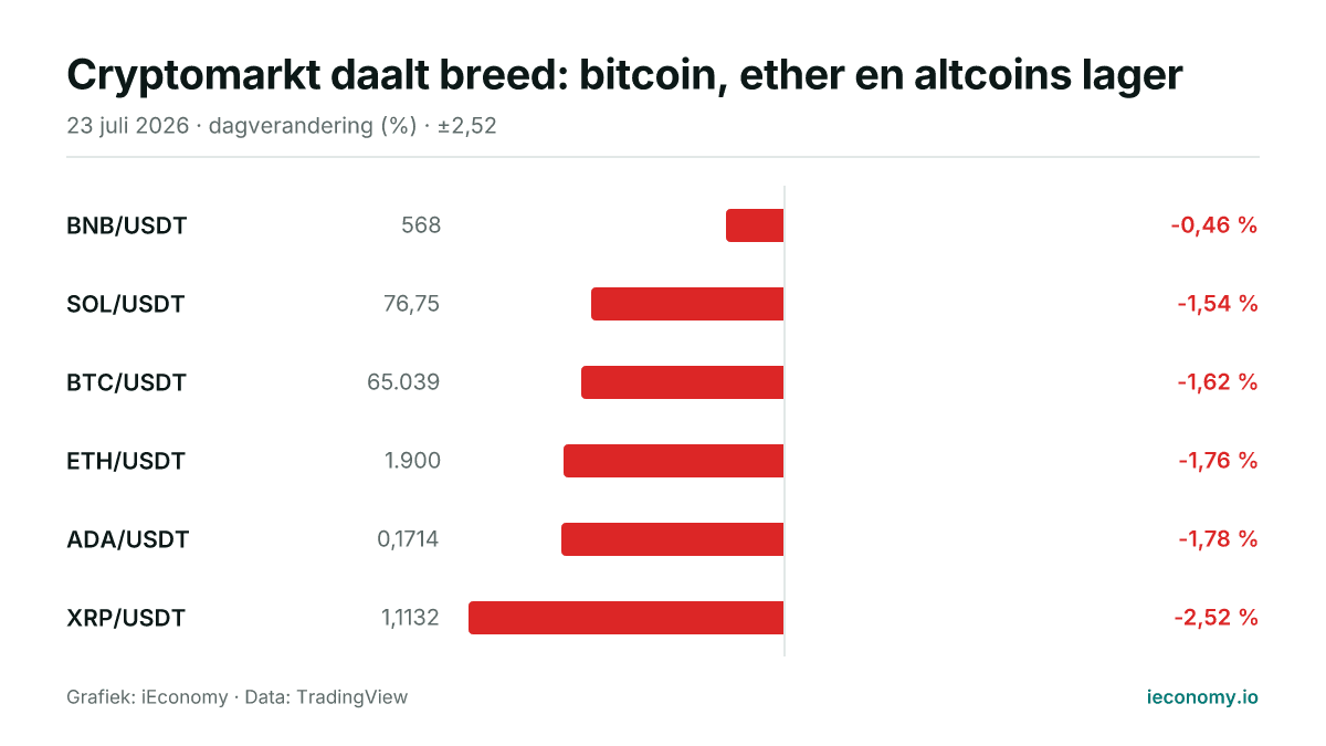 Grafiek: dagelijkse procentuele verandering van 6 gevolgde instrumenten — kleinste daler BNB/USDT (-0,46 %), grootste daler XRP/USDT (-2,52 %).