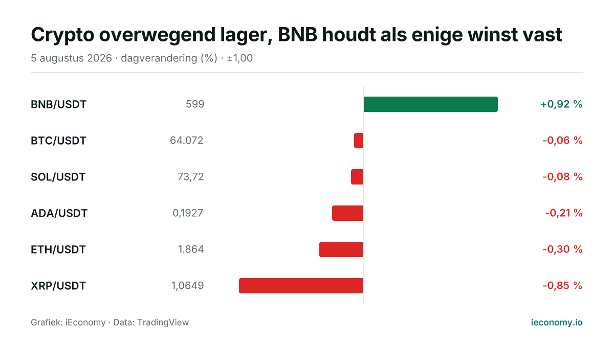 Grafiek: dagelijkse procentuele verandering van 6 gevolgde instrumenten — grootste stijger BNB/USDT (+0,92 %), grootste daler XRP/USDT (-0,85 %).