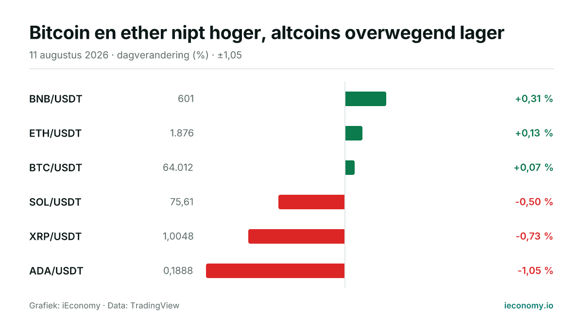 Grafiek: dagelijkse procentuele verandering van 6 gevolgde instrumenten — grootste stijger BNB/USDT (+0,31 %), grootste daler ADA/USDT (-1,05 %).