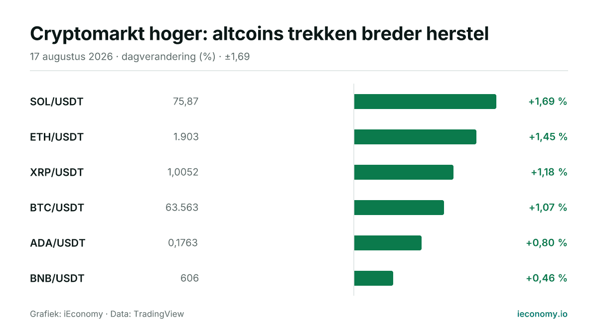 Grafiek: dagelijkse procentuele verandering van 6 gevolgde instrumenten — grootste stijger SOL/USDT (+1,69 %), kleinste stijger BNB/USDT (+0,46 %).
