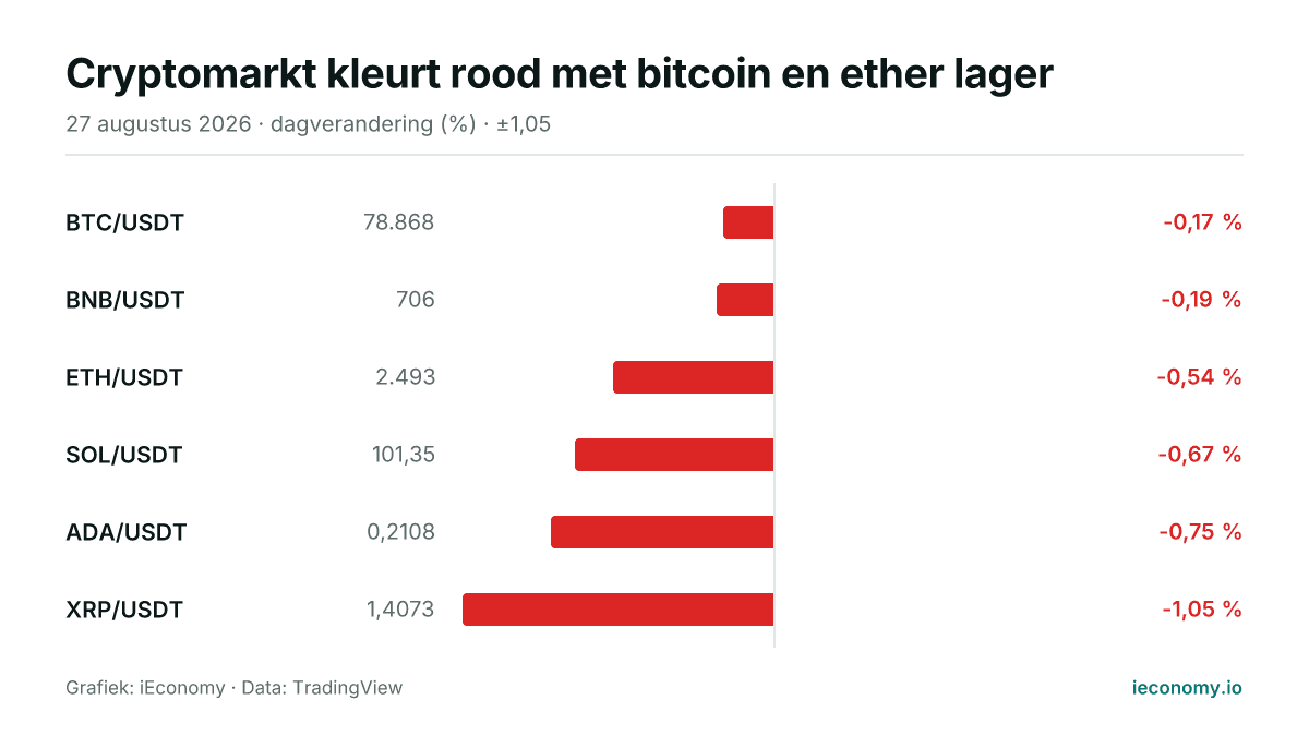 Grafiek: dagelijkse procentuele verandering van 6 gevolgde instrumenten — kleinste daler BTC/USDT (-0,17 %), grootste daler XRP/USDT (-1,05 %).