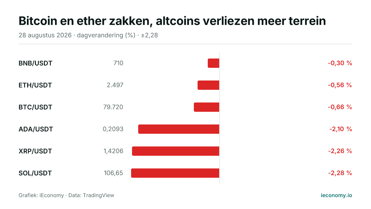Grafiek: dagelijkse procentuele verandering van 6 gevolgde instrumenten — kleinste daler BNB/USDT (-0,30 %), grootste daler SOL/USDT (-2,28 %).