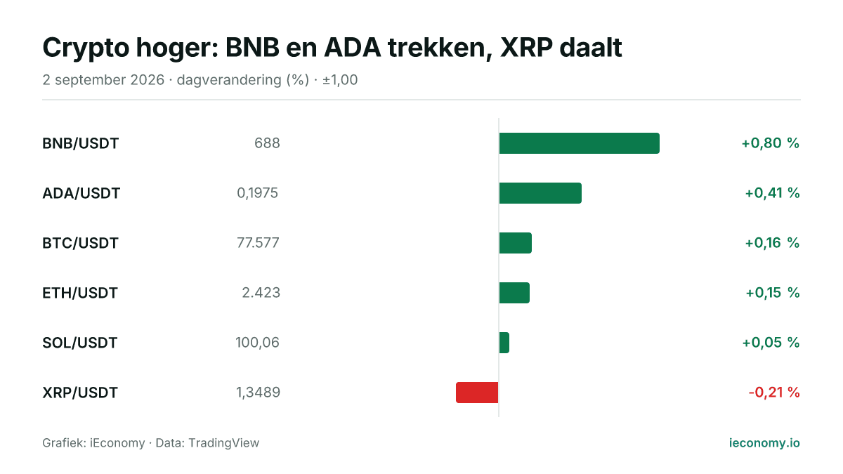 Grafiek: dagelijkse procentuele verandering van 6 gevolgde instrumenten — grootste stijger BNB/USDT (+0,80 %), grootste daler XRP/USDT (-0,21 %).
