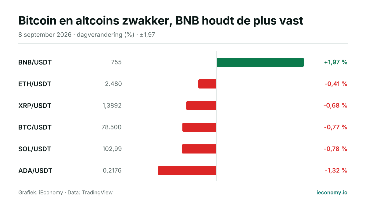 Grafiek: dagelijkse procentuele verandering van 6 gevolgde instrumenten — grootste stijger BNB/USDT (+1,97 %), grootste daler ADA/USDT (-1,32 %).