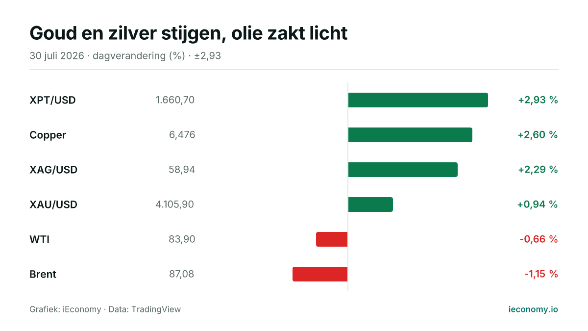 Grafiek: dagelijkse procentuele verandering van 6 gevolgde instrumenten — grootste stijger XPT/USD (+2,93 %), grootste daler Brent (-1,15 %).