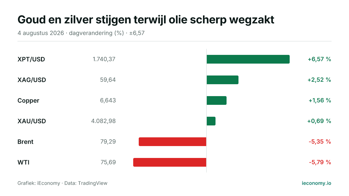 Grafiek: dagelijkse procentuele verandering van 6 gevolgde instrumenten — grootste stijger XPT/USD (+6,57 %), grootste daler WTI (-5,79 %).
