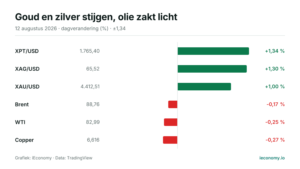 Grafiek: dagelijkse procentuele verandering van 6 gevolgde instrumenten — grootste stijger XPT/USD (+1,34 %), grootste daler Copper (-0,27 %).
