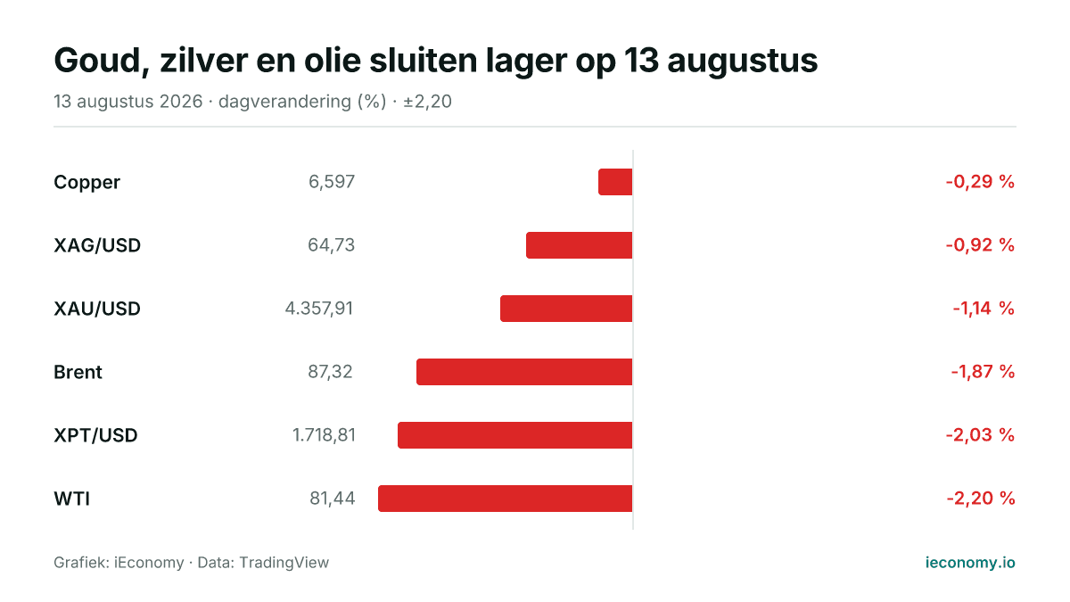 Grafiek: dagelijkse procentuele verandering van 6 gevolgde instrumenten — kleinste daler Copper (-0,29 %), grootste daler WTI (-2,20 %).