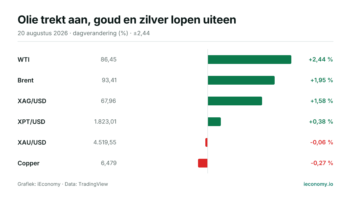 Grafiek: dagelijkse procentuele verandering van 6 gevolgde instrumenten — grootste stijger WTI (+2,44 %), grootste daler Copper (-0,27 %).