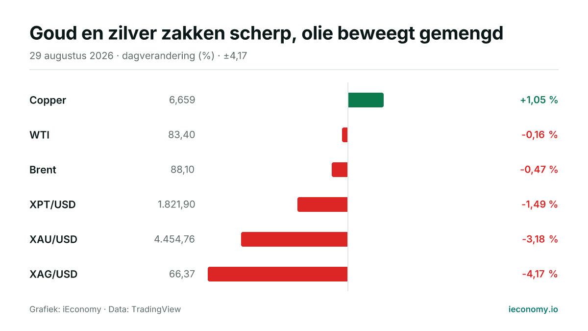 Grafiek: dagelijkse procentuele verandering van 6 gevolgde instrumenten — grootste stijger Copper (+1,05 %), grootste daler XAG/USD (-4,17 %).