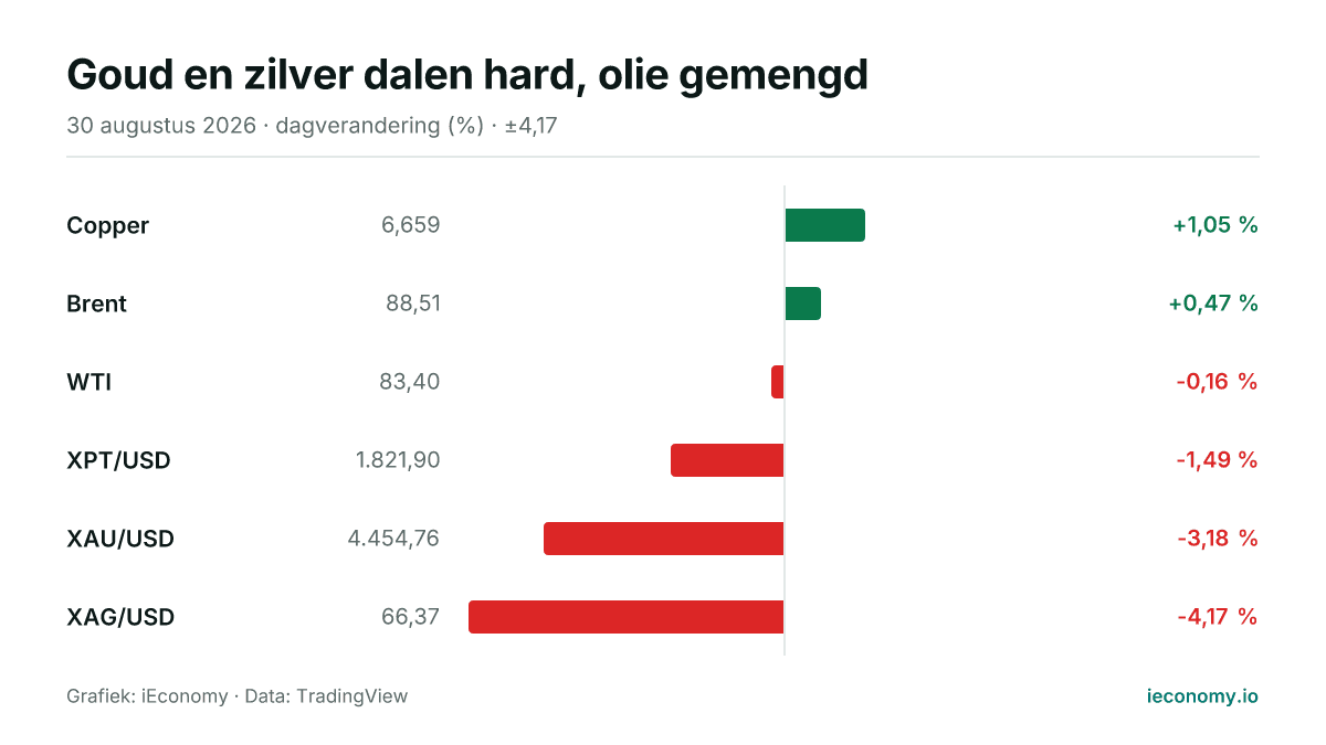 Grafiek: dagelijkse procentuele verandering van 6 gevolgde instrumenten — grootste stijger Copper (+1,05 %), grootste daler XAG/USD (-4,17 %).