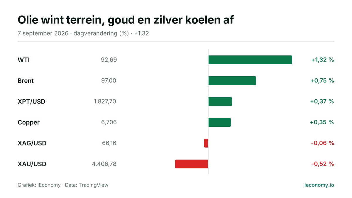 Grafiek: dagelijkse procentuele verandering van 6 gevolgde instrumenten — grootste stijger WTI (+1,32 %), grootste daler XAU/USD (-0,52 %).