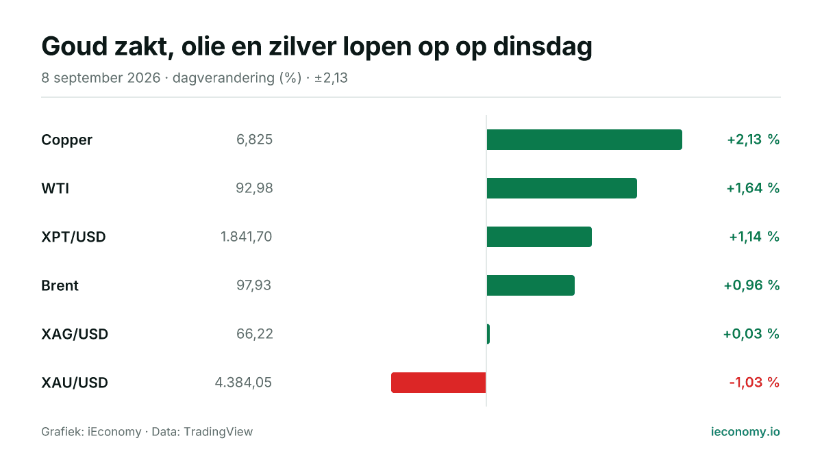Grafiek: dagelijkse procentuele verandering van 6 gevolgde instrumenten — grootste stijger Copper (+2,13 %), grootste daler XAU/USD (-1,03 %).