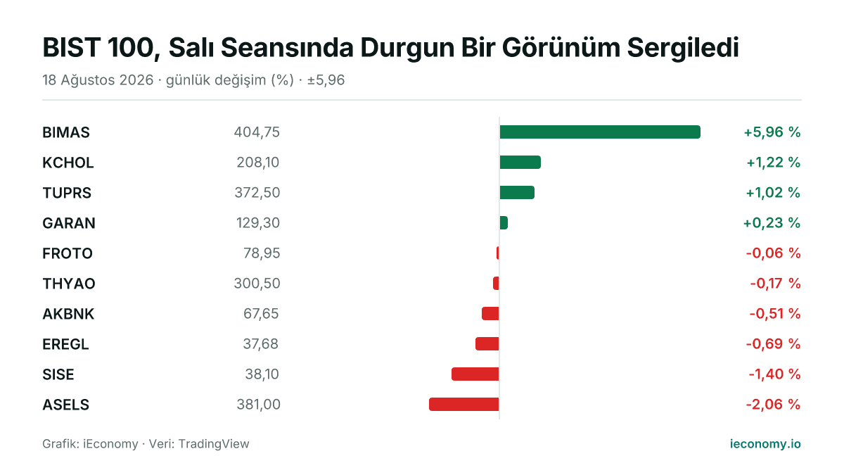 Grafik: takip edilen 10 enstrümanın günlük yüzde değişimi — en çok yükselen BIMAS (+5,96 %), en çok gerileyen ASELS (-2,06 %).