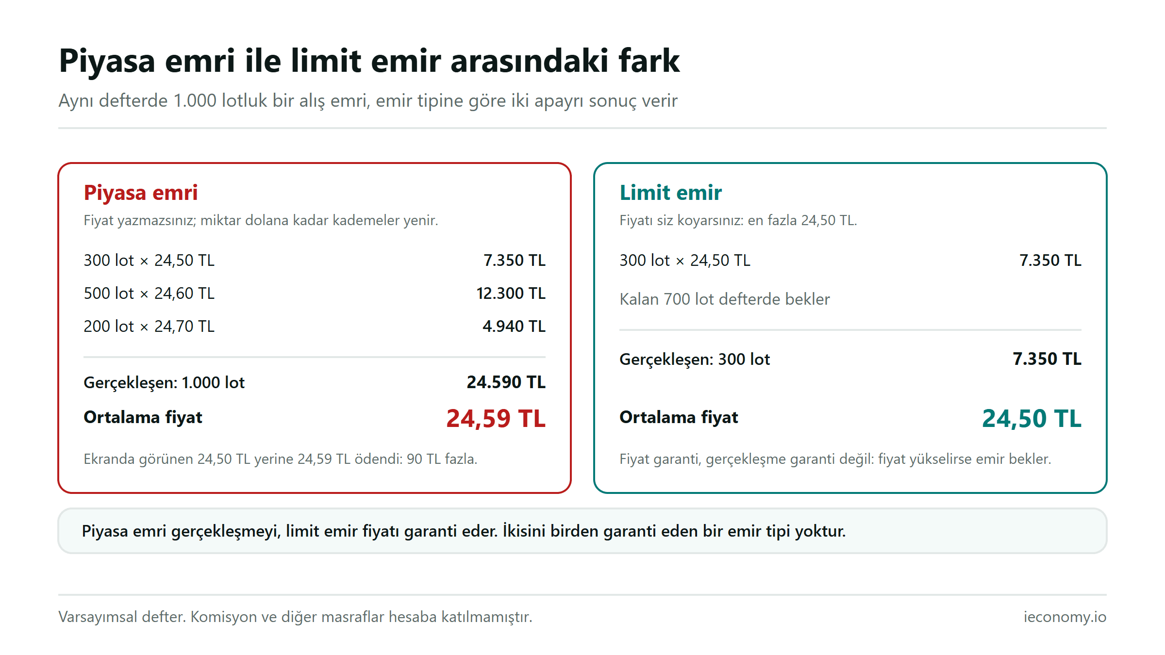 Piyasa emri ile limit emrin karşılaştırması: aynı defterde 1.000 lotluk alışın iki farklı sonucu