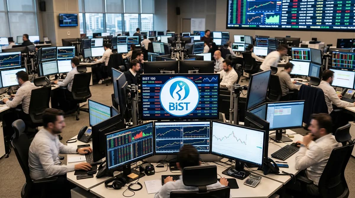 Fiyat ekranlarıyla dolu bir borsa işlem salonu ve BİST 100 panosu