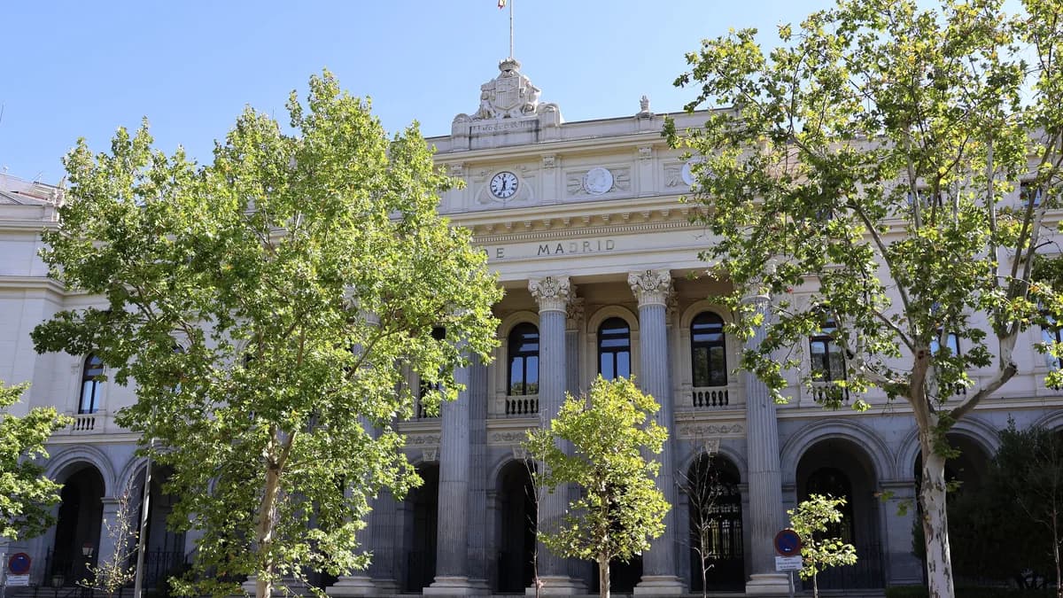 Die Fassade des Madrider Börsenpalasts, gesehen zwischen den davor stehenden Bäumen (Symbolbild)