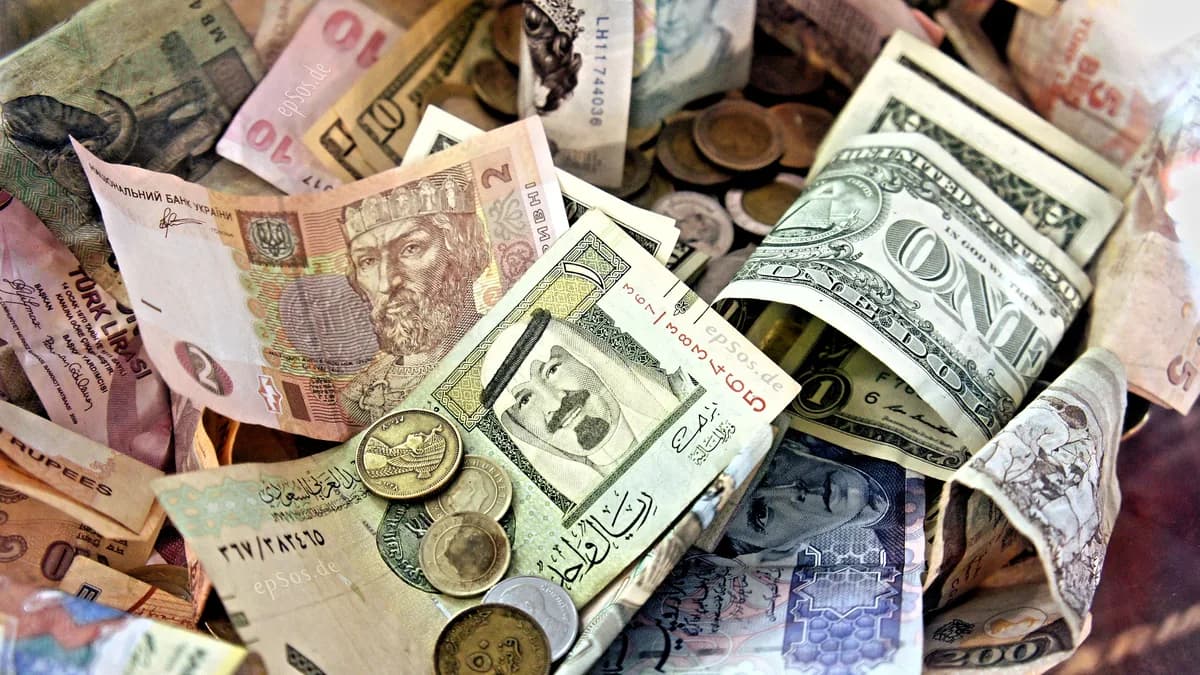 Bir kabın içinde üst üste yığılmış farklı ülkelerin banknot ve madeni paraları — dolar, riyal, rupi ve daha fazlası (temsilî görsel)