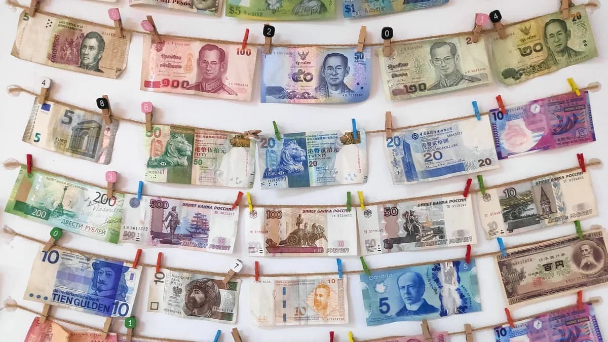 İplere mandalla asılmış onlarca farklı ülkenin banknotu — ruble, yen, dolar, euro, Hong Kong doları ve daha fazlası bir arada (temsilî görsel)