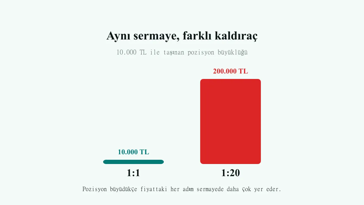 10.000 TL sermayeyle 1:1 ve 1:20 kaldıraçta taşınan pozisyon büyüklüğünü karşılaştıran sütun grafiği